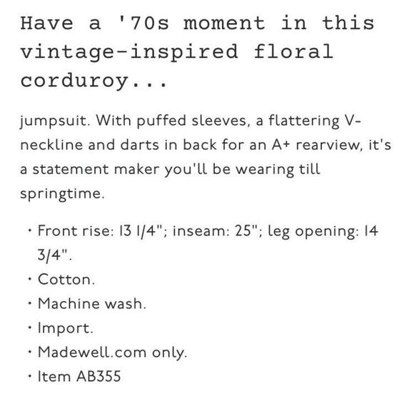 Madewell Corduroy Puff Sleeve Jumpsuit Women’s 00 in Mumbai Floral Moss NEW - Picture 13 of 13